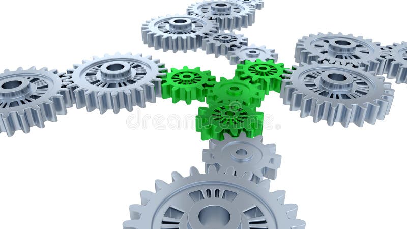 Side and Perspective View of Several Silver Gears and Four Green stock illustration Side and Perspective View of Several Silver Gears and Four Green stock illustration