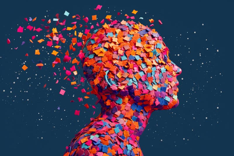 Man Made of Confetti Exploding Off of His Head, Mental Health Concepts