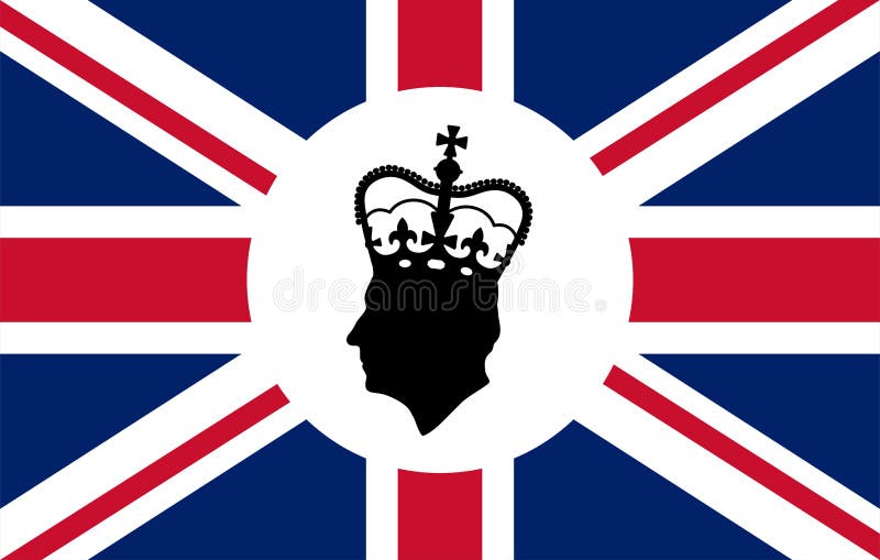 Side profile silhouette of King Charles III against a Union Jack background. Editorial illustration of King Charles III.
