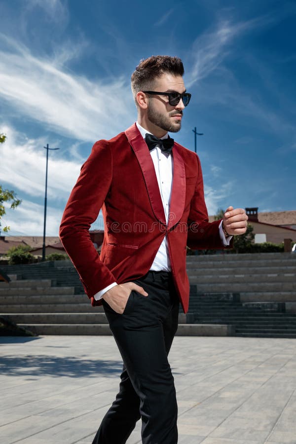 Arrogant Young Man Wearing Red Velvet Coat and Walking Stock Photo ...