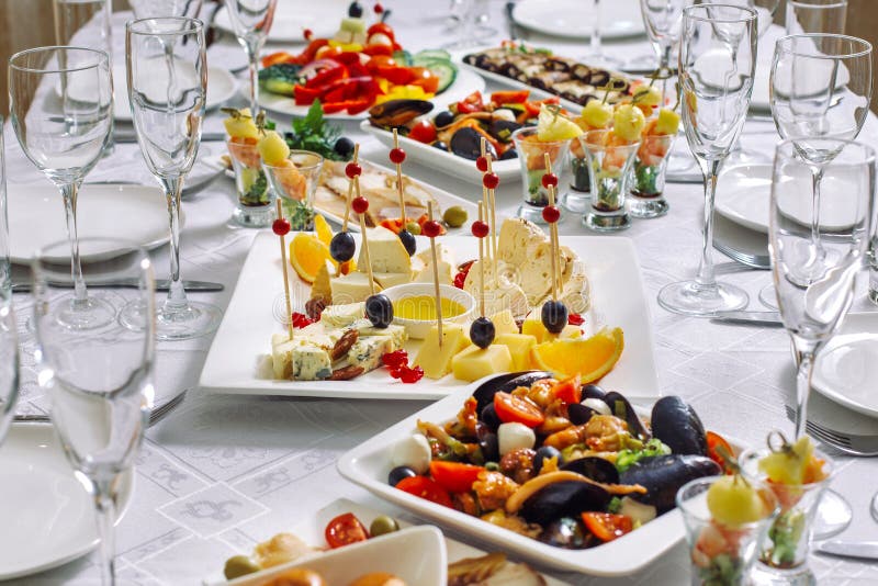 Top View Of Banquet Table With Cold Snacks Cold Meats Sliced Sausages