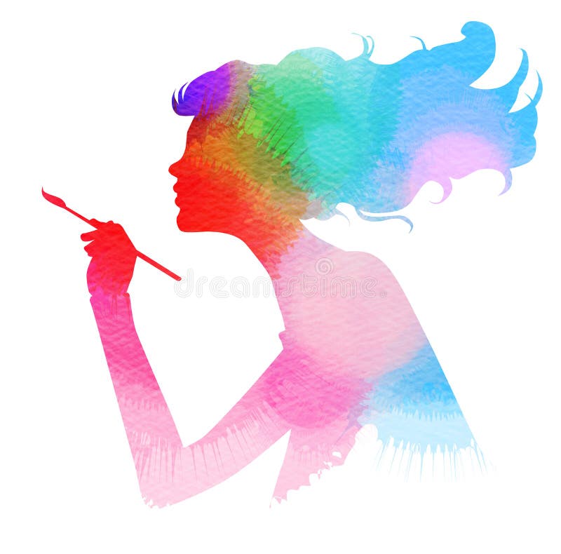 Side view of beautiful artist girl holding paint brush. Isolated over white background. Woman silhouette plus abstract water color painted. Digital art painting stock images