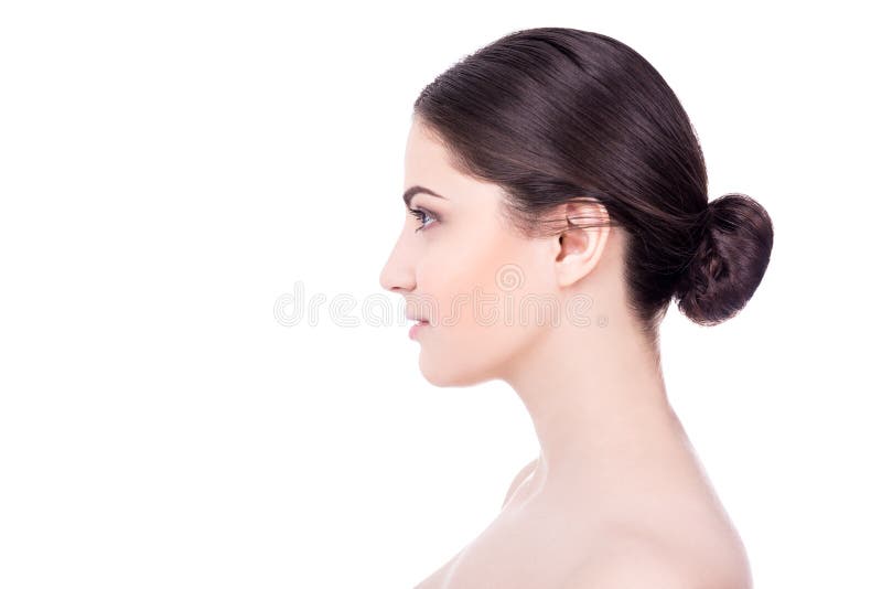 Side view of beautiful woman with perfect skin isolated on white royalty free stock photos