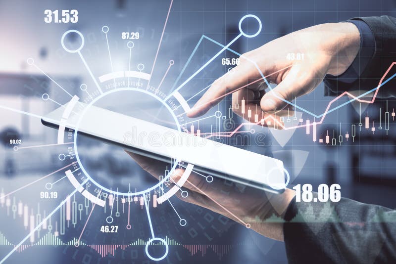 Side view of blurry hand using tablet with abstract digital business forex graph. Market concept. royalty free stock photos
