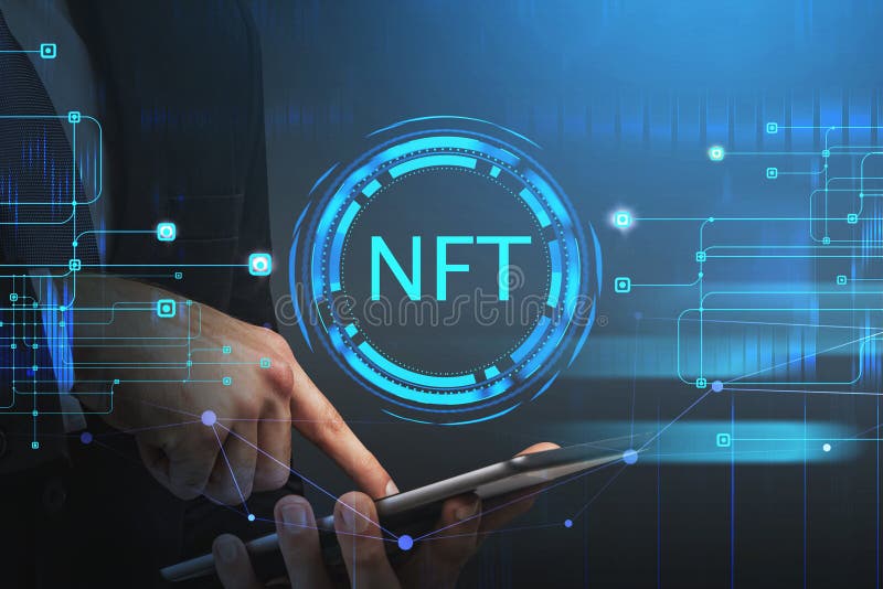 Side view of businessman hands in formal suit browse the Internet using tablet device, non-fungible token hologram, nft with royalty free stock images