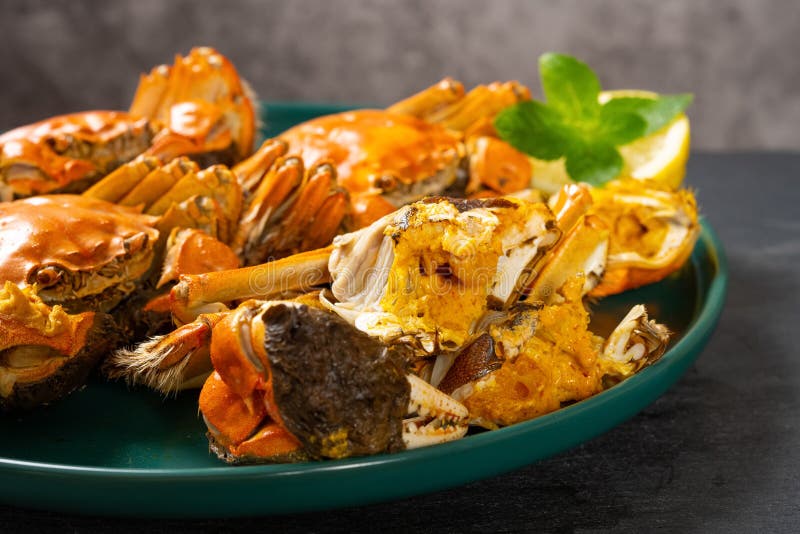 Crabs with One Opened Showing the Crab Roe and Meat Horizontal Composition Stock Photo Image