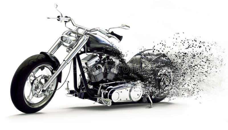 Side view of a Custom black motorcycle with dispersion effects on a white background. vector illustration