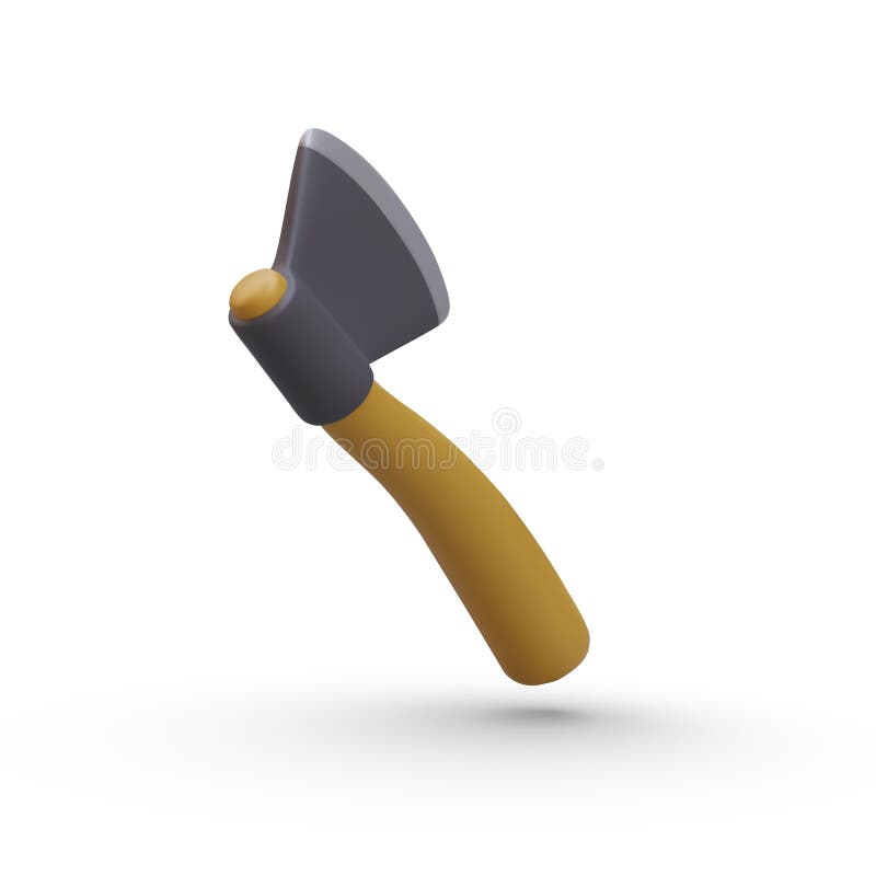 Side view of 3d wooden axe on white background with shadow. Instrument for work with wood. Element for online computer game. Realistic vector illustration in 3d style