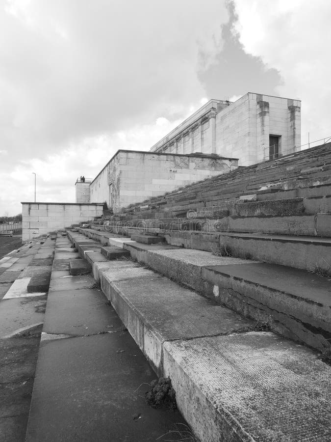 Nuremberg, Germany - 2015, April 2: Side view at the defunct main tribune of the former Nazi Party rally grounds towards the so called Zeppelin field.