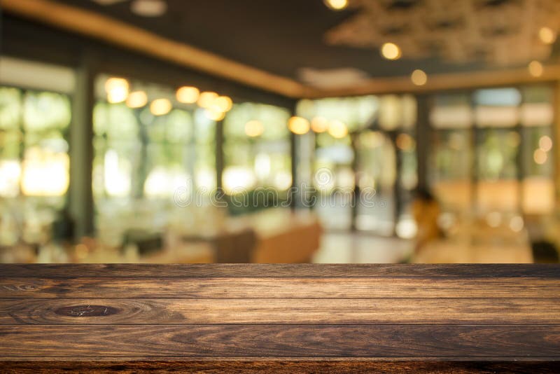 Empty Space Wooden Table Top with Abstract Blurry Image of Coffee Shop or Cafe  Restaurant in Background. Stock Photo - Image of coffee, customer: 195696536