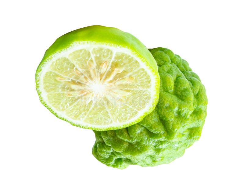 Side view of fresh green bergamot fruit or kaffir lime with half in stack isolated on white background with clipping path royalty free stock photos