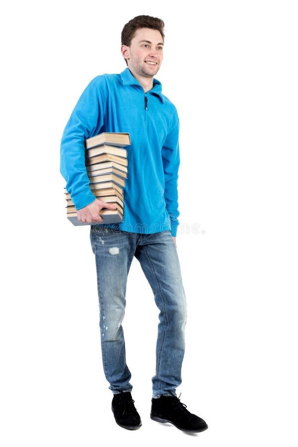 Side View of Going Man Carries a Stack of Books. Stock Photo - Image of
