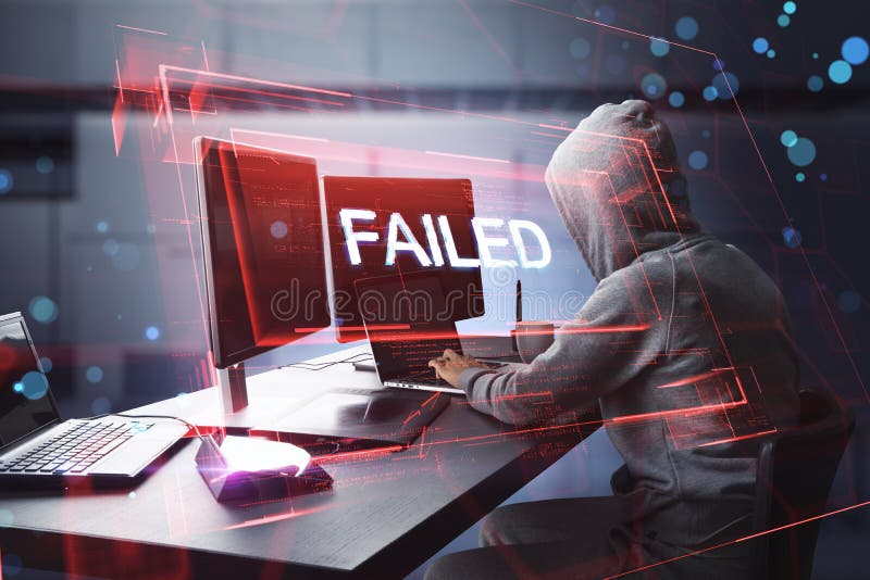 Side view of hacker using computers at desktop with abstract red denied access hologram on blurry office interior backdrop. stock photos