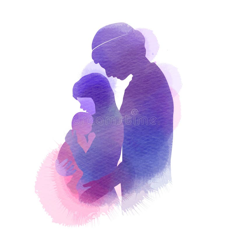 Side view of happy Muslim family. silhouette plus abstract watercolor painted. Double exposure illustration. Digital art painting