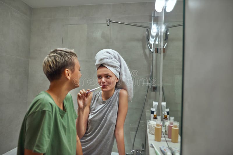 Side View Of Lesbian Girls At Bathroom At Morning Stock Image Image