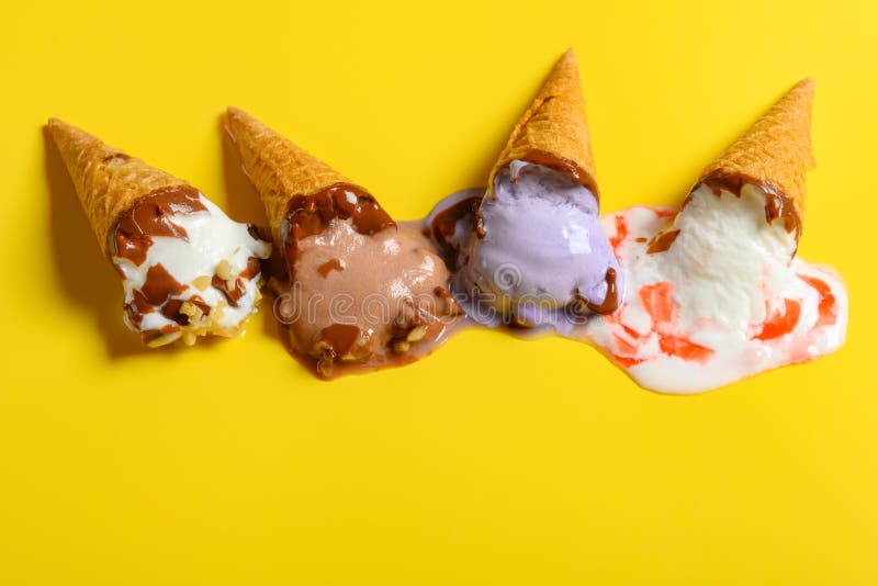 Multiple Flavor Ice Cream Cones Melted on Yellow Background Stock Image