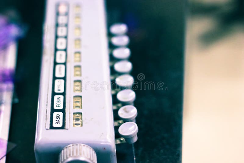 Side view of pathological manual blood cell counter with buttons and display numbers highlighting basophil stock image Side view of pathological manual blood cell counter with buttons and display numbers highlighting basophil stock image