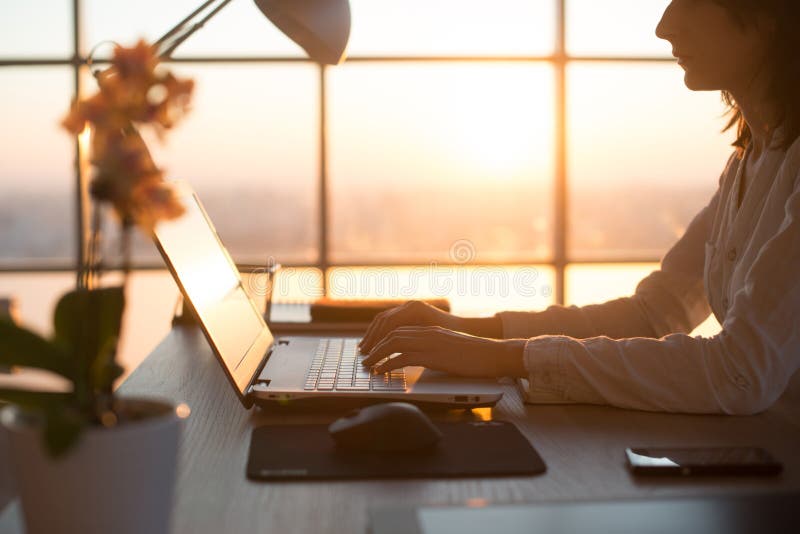 Side view photo of a female programmer using laptop, working, typing, surfing the internet at workplace. royalty free stock photo