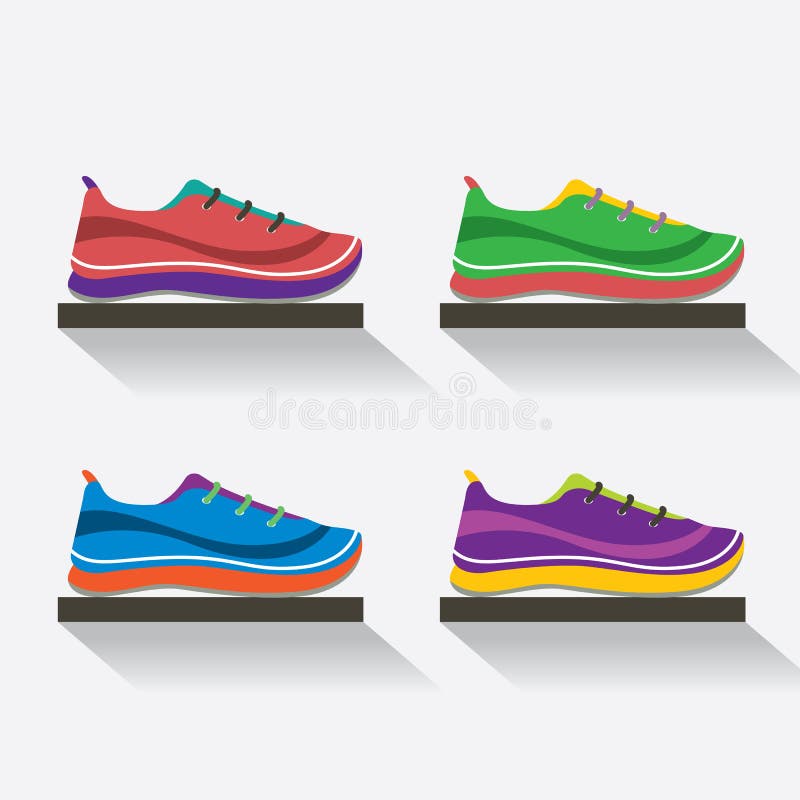 Side View of Running Shoes on Shelf. Stock Vector Illustration of
