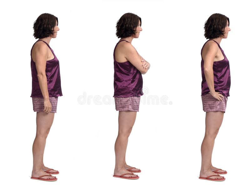 Side view of a same woman summer short pajamas on white background.