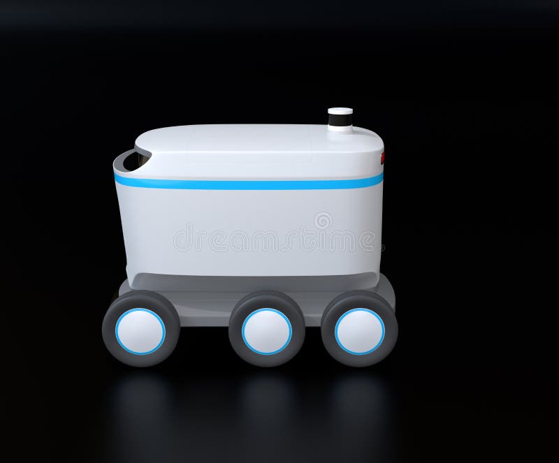 Side view of self-driving delivery robot on black background vector illustration