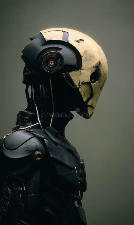 Worn futuristic android stares with a red mechanical eye, featuring black body and a weathered mask royalty free stock images