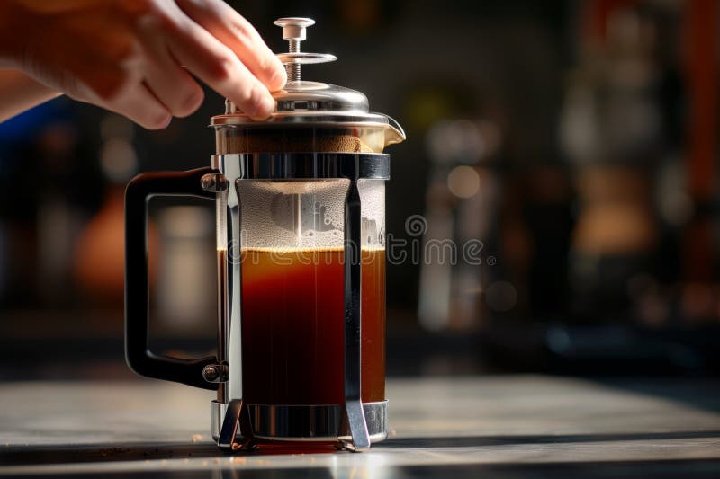 Side View of Someone Pressing Down a French Press Plunger Stock