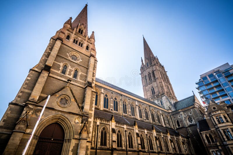 Side view of St Paul`s Cathedral an Anglican Gothic Revival church in Melbourne Vic Australia