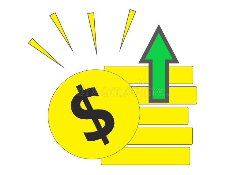 A side view of a stack of shinning gold coins and the front view of a single gold coin with an upward green arrow white backdrop stock illustration