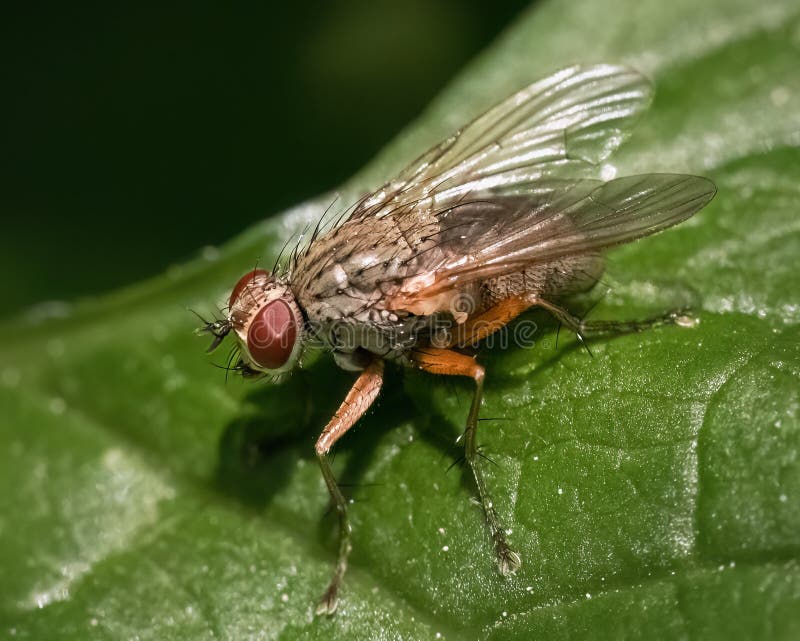 Side view of a tan and brown House Fly (Muscidae) on a green leaf. Long Island, New York, USA