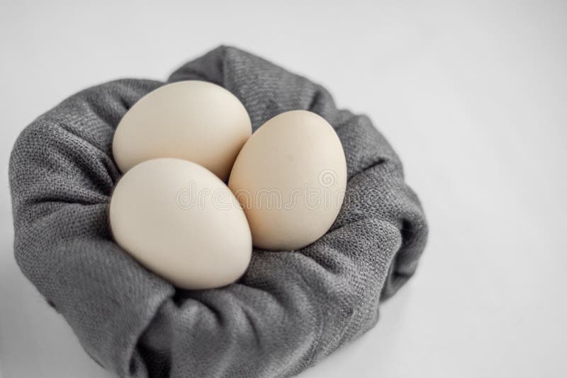 Side view of three unpainted beige eggs in the nest of the grey fabric on a white background. royalty free stock photos Side view of three unpainted beige eggs in the nest of the grey fabric on a white background. royalty free stock photos