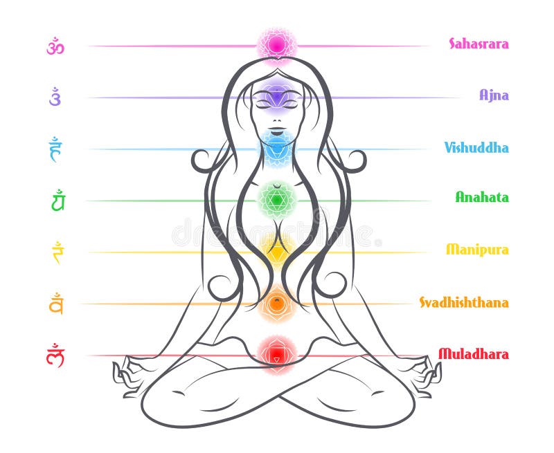 Seven chakras on body woman silhouette. Manipura muladhara sahasrara vishuddha svadhishthana ajna anahata. Vector illustration. Seven chakras on body woman silhouette. Manipura muladhara sahasrara vishuddha svadhishthana ajna anahata. Vector illustration