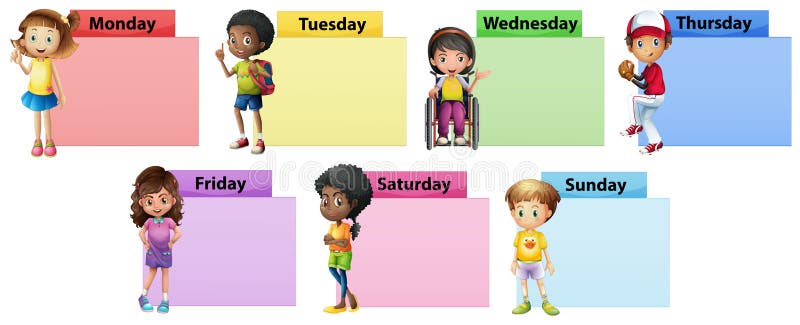 Siete Días De La Semana Observan La Plantilla Con Los Niños Ilustración del Vector - Ilustración de estudiante, pupila: 107376749 Siete Días De La Semana Observan La Plantilla Con Los Niños Ilustración del Vector - Ilustración de estudiante, pupila: 107376749