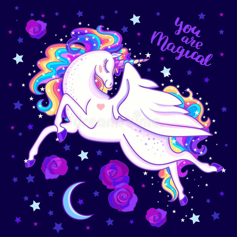 Siete magico Bello unicorno dell'arcobaleno fra le stelle e le rose Vettore