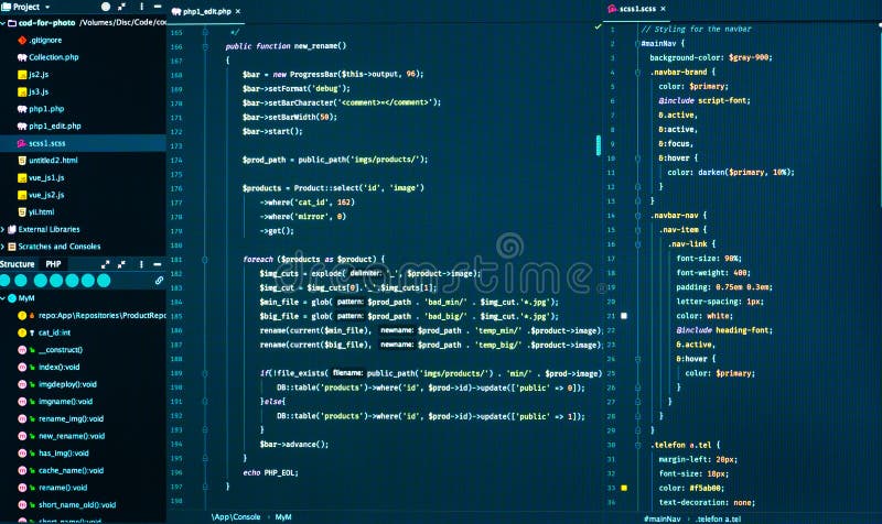 Sieć rozwoju kod: CSS/SASS stylów preprocessor pismo wykłada w kodu redaktorze, frontowy widok zdjęcie royalty free Sieć rozwoju kod: CSS/SASS stylów preprocessor pismo wykłada w kodu redaktorze, frontowy widok zdjęcie royalty free