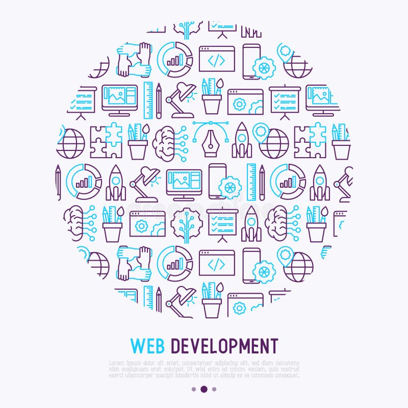 Sieć rozwoju pojęcie w okręgu z cienkimi kreskowymi ikonami programowanie, graficzny projekt, wisząca ozdoba app, strategia, sztuczna inteligencja, optymalizacja, analityka Wektorowa ilustracja dla strony internetowej