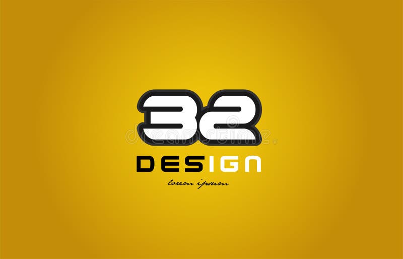 design of bold number numeral digit 32 with white color and black contour on yellow background suitable for a company or business. design of bold number numeral digit 32 with white color and black contour on yellow background suitable for a company or business