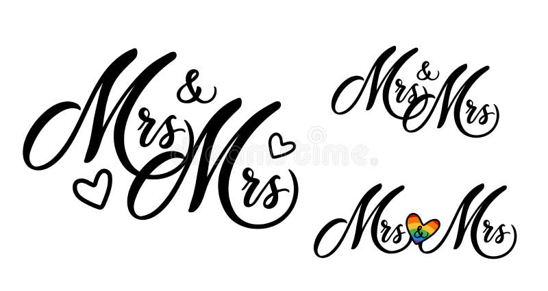 Mrs and mrs word art design. Gay wedding couple. Hand drawn lettering. Wedding invitation card design. Modern calligraphy mrs and mrs on white background. Mrs and mrs word art design. Gay wedding couple. Hand drawn lettering. Wedding invitation card design. Modern calligraphy mrs and mrs on white background.