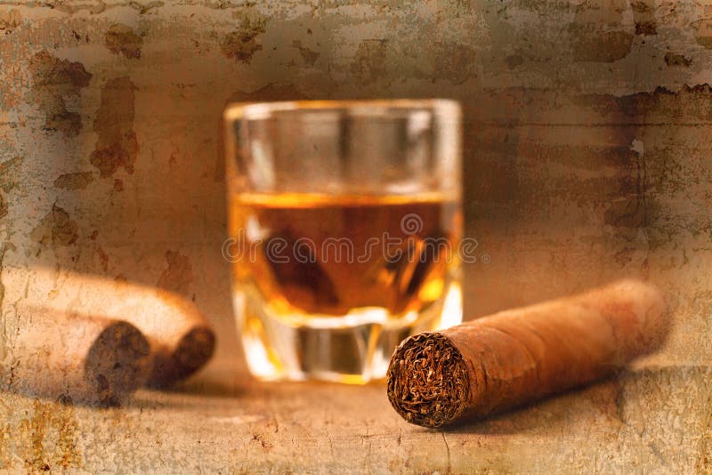 Cigars and whisky on old wooden table overlap with old wall textured background. retro filter. Cigars and whisky on old wooden table overlap with old wall textured background. retro filter.