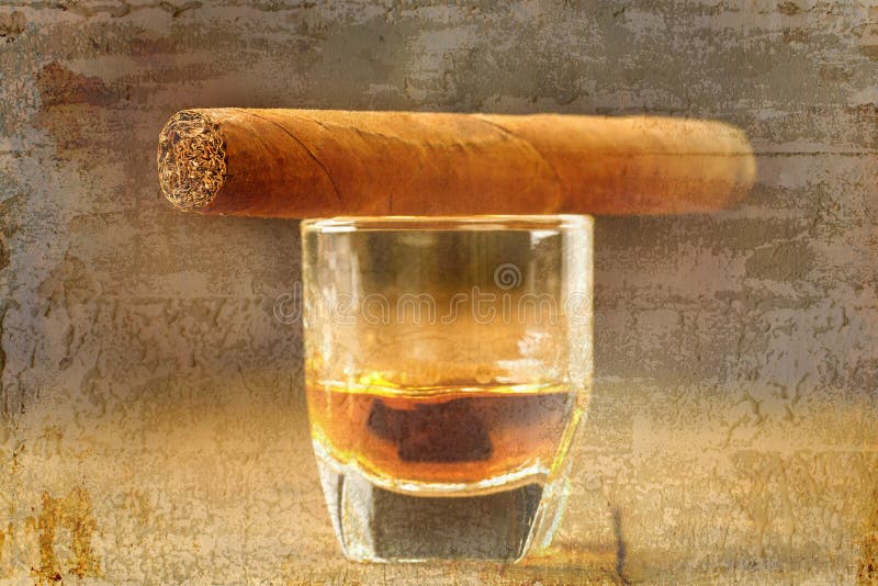 Cigars and whisky on old wooden table overlap with old wall textured background. retro filter. Cigars and whisky on old wooden table overlap with old wall textured background. retro filter.
