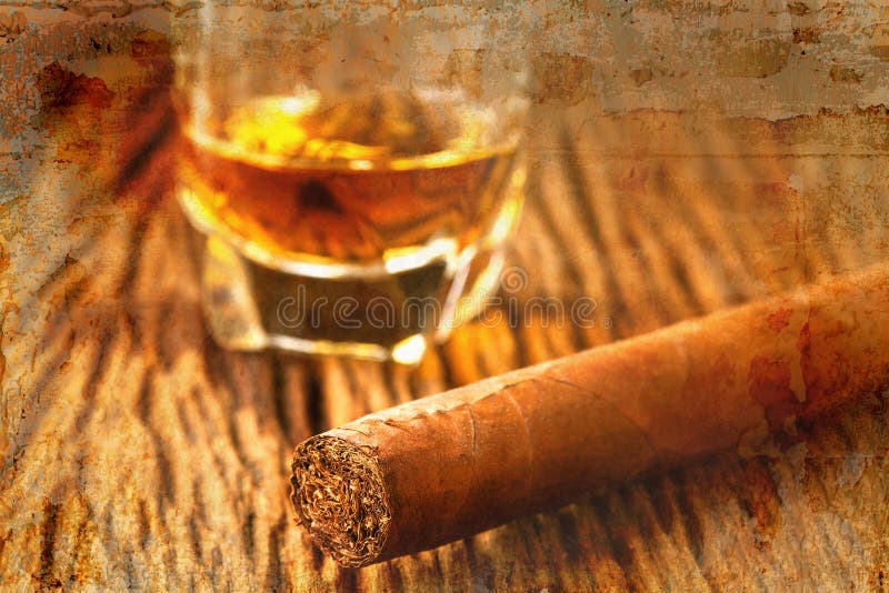 Cigars and whisky on old wooden table overlap with old wall textured background. retro filter. Cigars and whisky on old wooden table overlap with old wall textured background. retro filter.