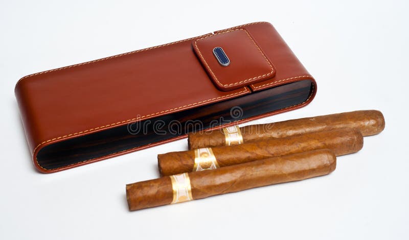 Cigars on brown leather case. Cigars on brown leather case