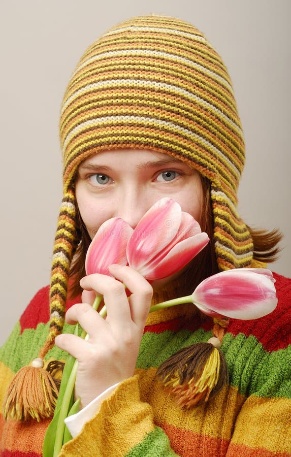 Sight of the girl with tulips