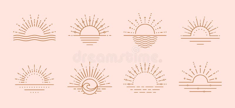 Sigla Boho Sun apus deasupra vectorului artei marine. design pentru sigla vectorului solar stock illustration