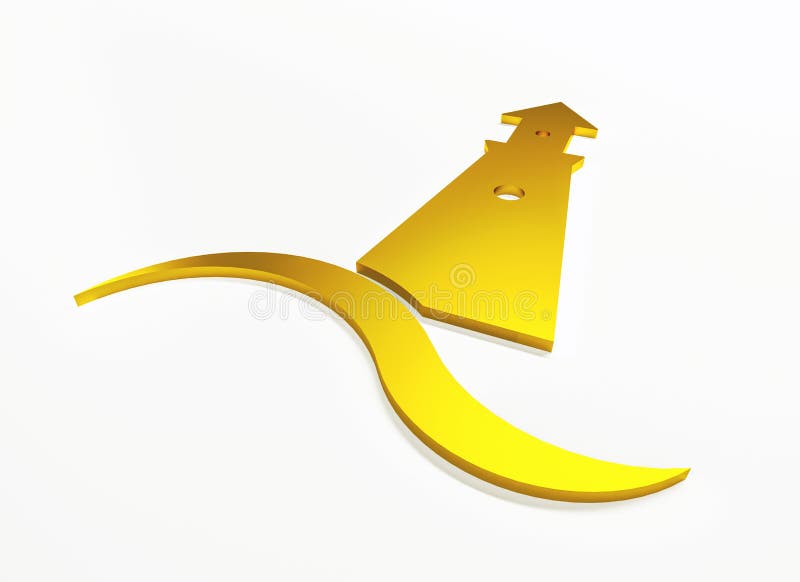 Sigla grafică Lighthouse 3d din aur, ilustrată cu grafică de fundal a clipului de pe plajă din ocean stock illustration