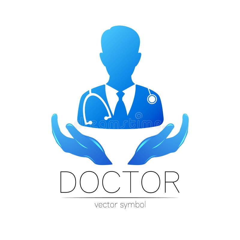 Sigla vectorului de mâini și de doctor în culori albastre. siluetă medic. sigla pentru medicina medicală clinică și vector illustration