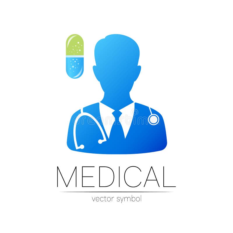 Sigla vectorului medicilor și al capsulelor în culoarea verde albastră. siluetă medic. sigla pentru sănătatea spitalului vector illustration