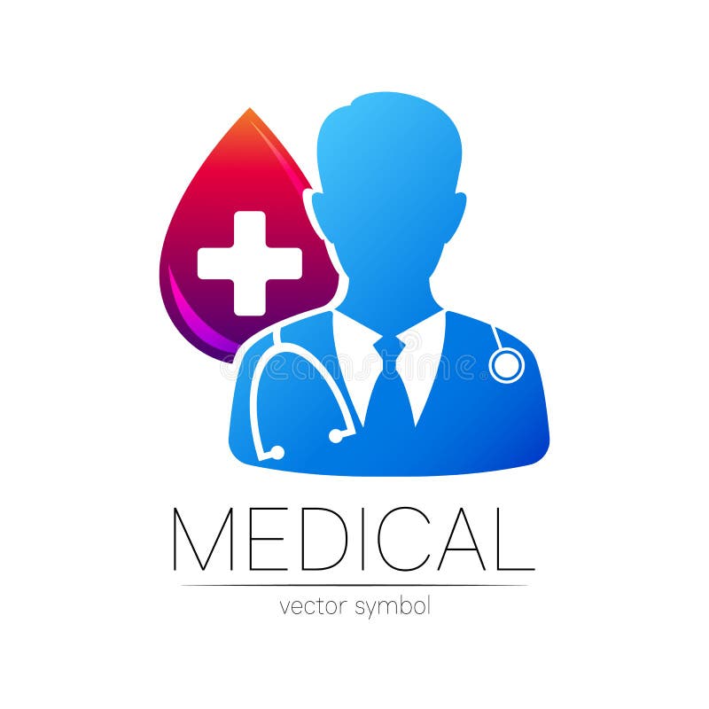 Sigla vectorului principal în culoarea albastră, cu o picătură mare de sânge și cruce. siluetă medic. sigla pentru spitalul clinic royalty free illustration