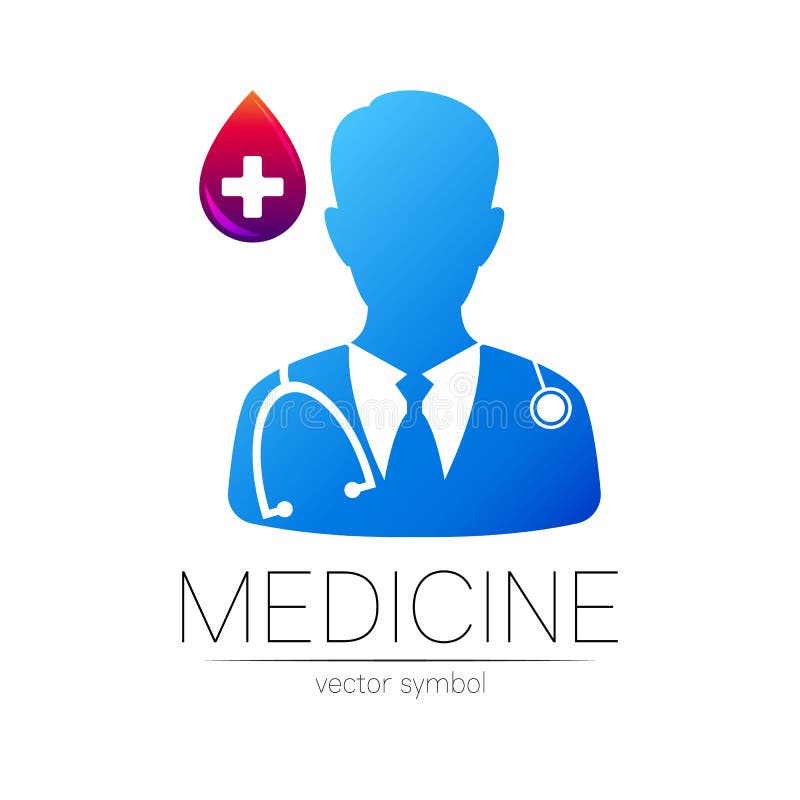 Sigla vectorului principal în culoarea albastră cu picături de sânge și încrucișare. siluetă medic. sigla pentru spitalul clinic royalty free illustration