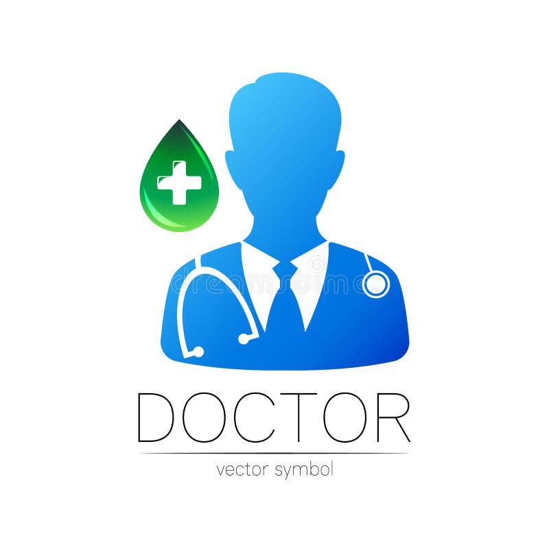 Sigla vectorului principal în culori albastre cu picături verzi și cruce. siluetă medic. sigla pentru spitalul clinic stock illustration